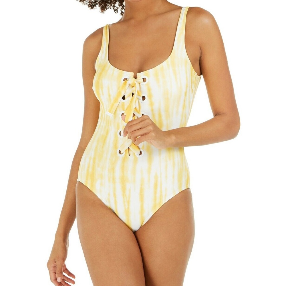 MICHAEL Michael Kors Yellow Tie-Dye Lace-Up One-Piece Swimsuit Size